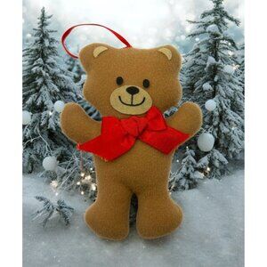 Soft Brown Teddy Bear Christmas Tree Ornament Standing Smiling with Red Bow
